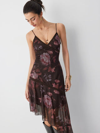 Mesh Floral V-neck Lace Trim Asymmetrical Hem A-line Midi Dress