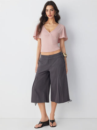 Cotton-blend V-neck Surplice Bell Sleeve Top