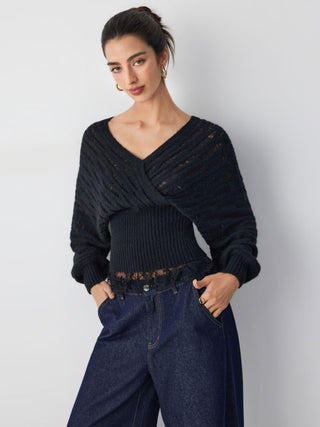 Knit Wool-blend V-neck Surplice Lace Trim Long Sleeve Sweater