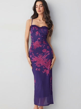 Mesh Floral Graphic V-neck Lace Trim Lace Up Straight Maxi Dress