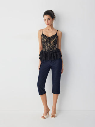 Lace Graphic V-neck Peplum Hem Cami Top