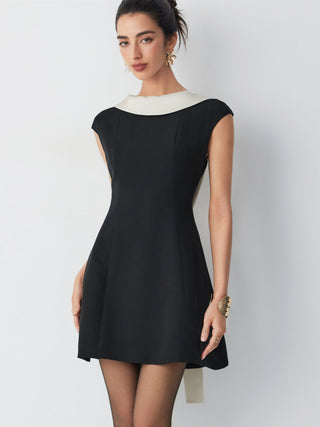 Colorblock Boat Neck Backless Bowknot A-line Mini Dress