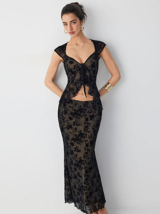 Flocked Mesh Floral Tie Front Top & Mid Rise Midi Skirt Set