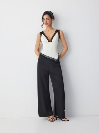 Satin V-neck Contrasting Lace Hanky Hem Top & Mid Rise Wide Leg Trousers Set