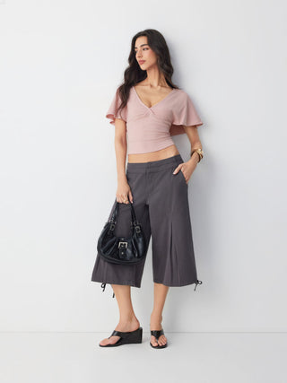 Cotton-blend V-neck Surplice Bell Sleeve Top