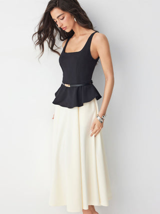 Cotton-blend Color-block Square Neck Peplum A-line Maxi Dress With Belt