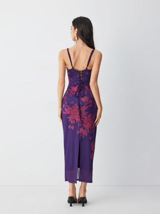 Mesh Floral Graphic V-neck Lace Trim Lace Up Straight Maxi Dress