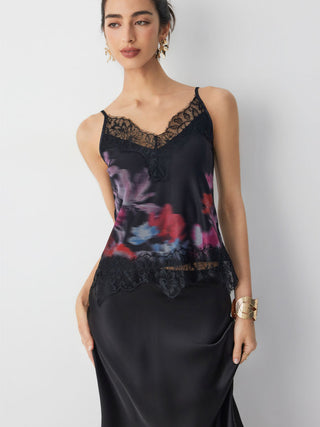 Mesh Floral Graphic V-neck Lace Panel Cami Top