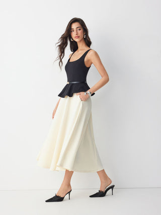 Cotton-blend Color-block Square Neck Peplum A-line Maxi Dress With Belt