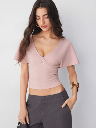 Cotton-blend V-neck Surplice Bell Sleeve Top