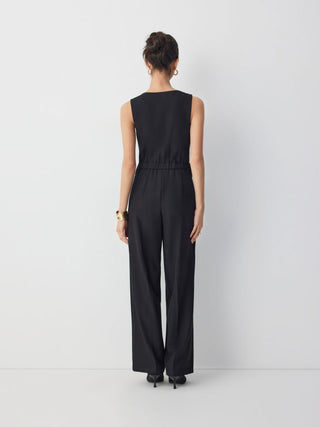 Square Neck Button Detail Mid Rise Straight Leg Jumpsuit