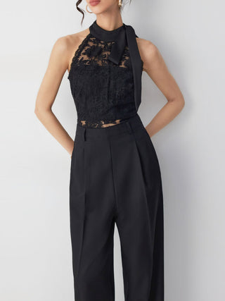 Cotton-blend Stand Collar Lace Panel Mid Rise Straight Leg Jumpsuit With Scarf
