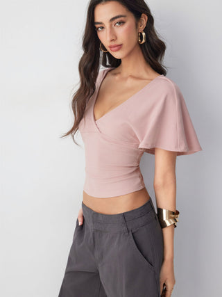 Cotton-blend V-neck Surplice Bell Sleeve Top