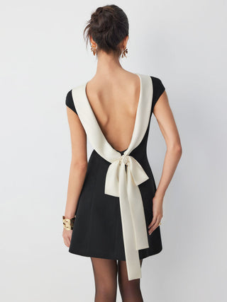 Colorblock Boat Neck Backless Bowknot A-line Mini Dress