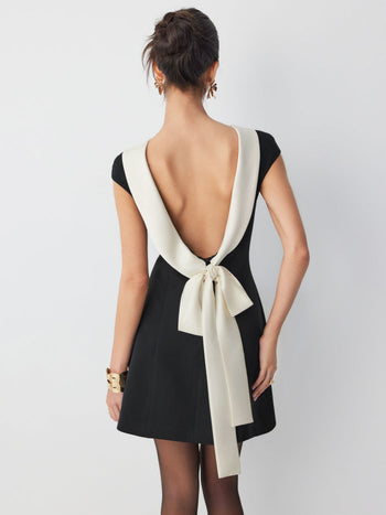 Colorblock Boat Neck Backless Bowknot A-line Mini Dress