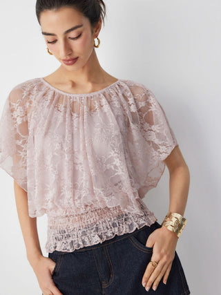 Lace Boat Neck Shirred Short Sleeve Ruffle Hem Top
