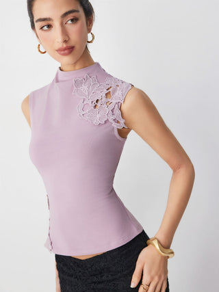 Cotton-blend Stand Collar Lace Panel Tank Top