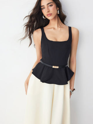 Cotton-blend Color-block Square Neck Peplum A-line Maxi Dress With Belt