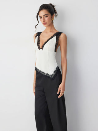 Satin V-neck Contrasting Lace Hanky Hem Top & Mid Rise Wide Leg Trousers Set