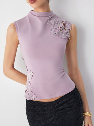 Cotton-blend Stand Collar Lace Panel Tank Top