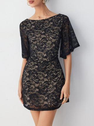 Lace Floral Boat Neck Bell Sleeve A-line Mini Dress