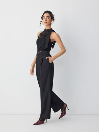 Cotton-blend Stand Collar Lace Panel Mid Rise Straight Leg Jumpsuit With Scarf