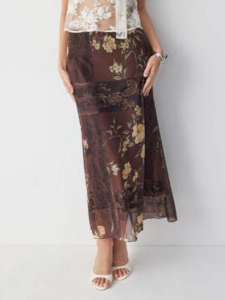 Mesh Mid Rise Floral Graphic Lettuce Trim Midi Skirt
