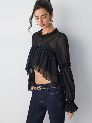 Chiffon Ruffled Long Sleeve Crop Blouse