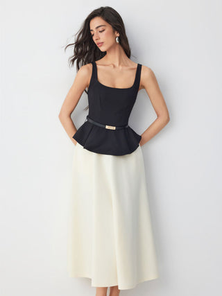 Cotton-blend Color-block Square Neck Peplum A-line Maxi Dress With Belt