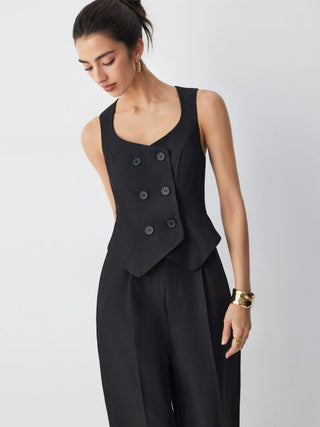 Square Neck Button Detail Mid Rise Straight Leg Jumpsuit