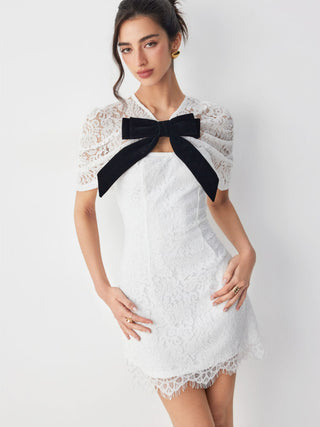 Cotton-blend Lace V-neck Bowknot A-line Mini Dress