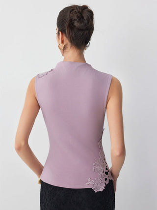 Cotton-blend Stand Collar Lace Panel Tank Top