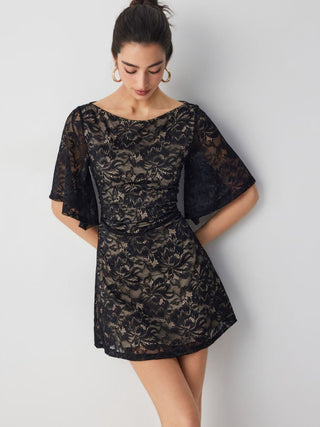 Lace Floral Boat Neck Bell Sleeve A-line Mini Dress