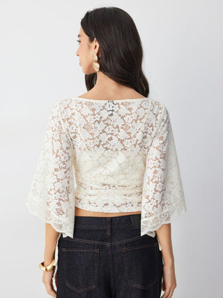 Lace Boat Neck Bell Sleeve Drawstring Tee