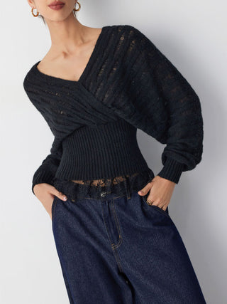 Knit Wool-blend V-neck Surplice Lace Trim Long Sleeve Sweater