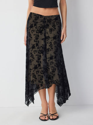 Mesh Mid Rise Floral Hanky Hem A-Line Midi Skirt