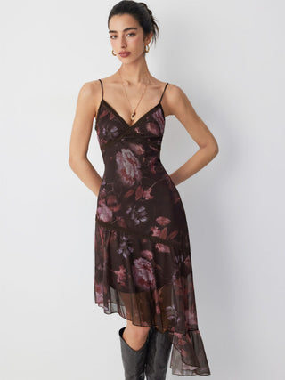 Mesh Floral V-neck Lace Trim Asymmetrical Hem A-line Midi Dress