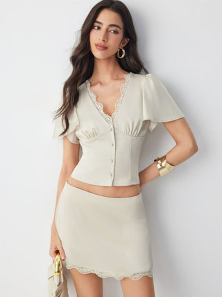 Satin Lace Trim Bell Sleeve Top & Mid Rise Mini Skirt Set
