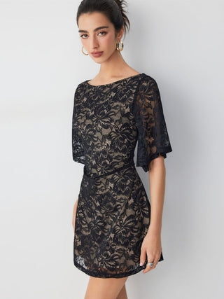 Lace Floral Boat Neck Bell Sleeve A-line Mini Dress