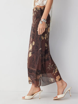 Mesh Mid Rise Floral Graphic Lettuce Trim Midi Skirt