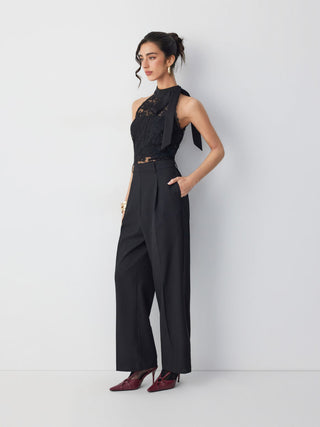 Cotton-blend Stand Collar Lace Panel Mid Rise Straight Leg Jumpsuit With Scarf