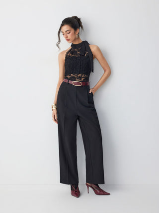 Cotton-blend Stand Collar Lace Panel Mid Rise Straight Leg Jumpsuit With Scarf