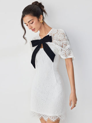 Cotton-blend Lace V-neck Bowknot A-line Mini Dress