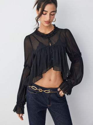 Chiffon Ruffled Long Sleeve Crop Blouse