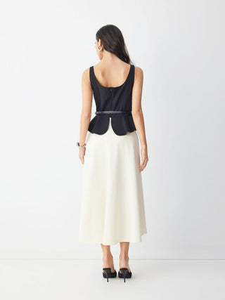 Cotton-blend Color-block Square Neck Peplum A-line Maxi Dress With Belt