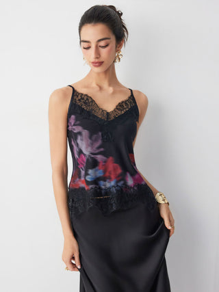 Mesh Floral Graphic V-neck Lace Panel Cami Top