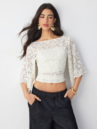 Lace Boat Neck Bell Sleeve Drawstring Tee