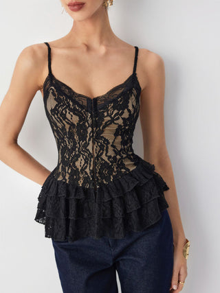 Lace Graphic V-neck Peplum Hem Cami Top