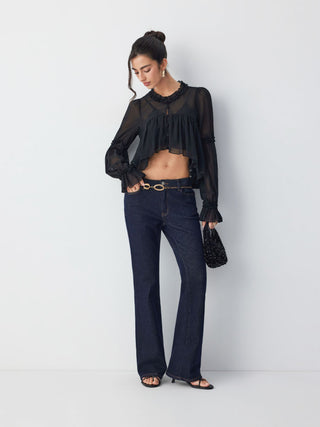 Chiffon Ruffled Long Sleeve Crop Blouse