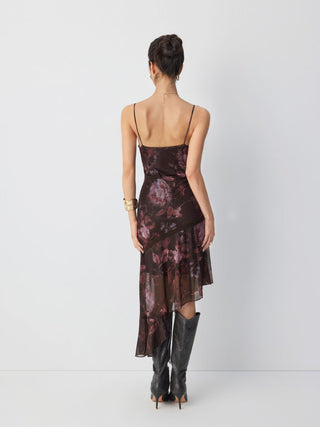 Mesh Floral V-neck Lace Trim Asymmetrical Hem A-line Midi Dress